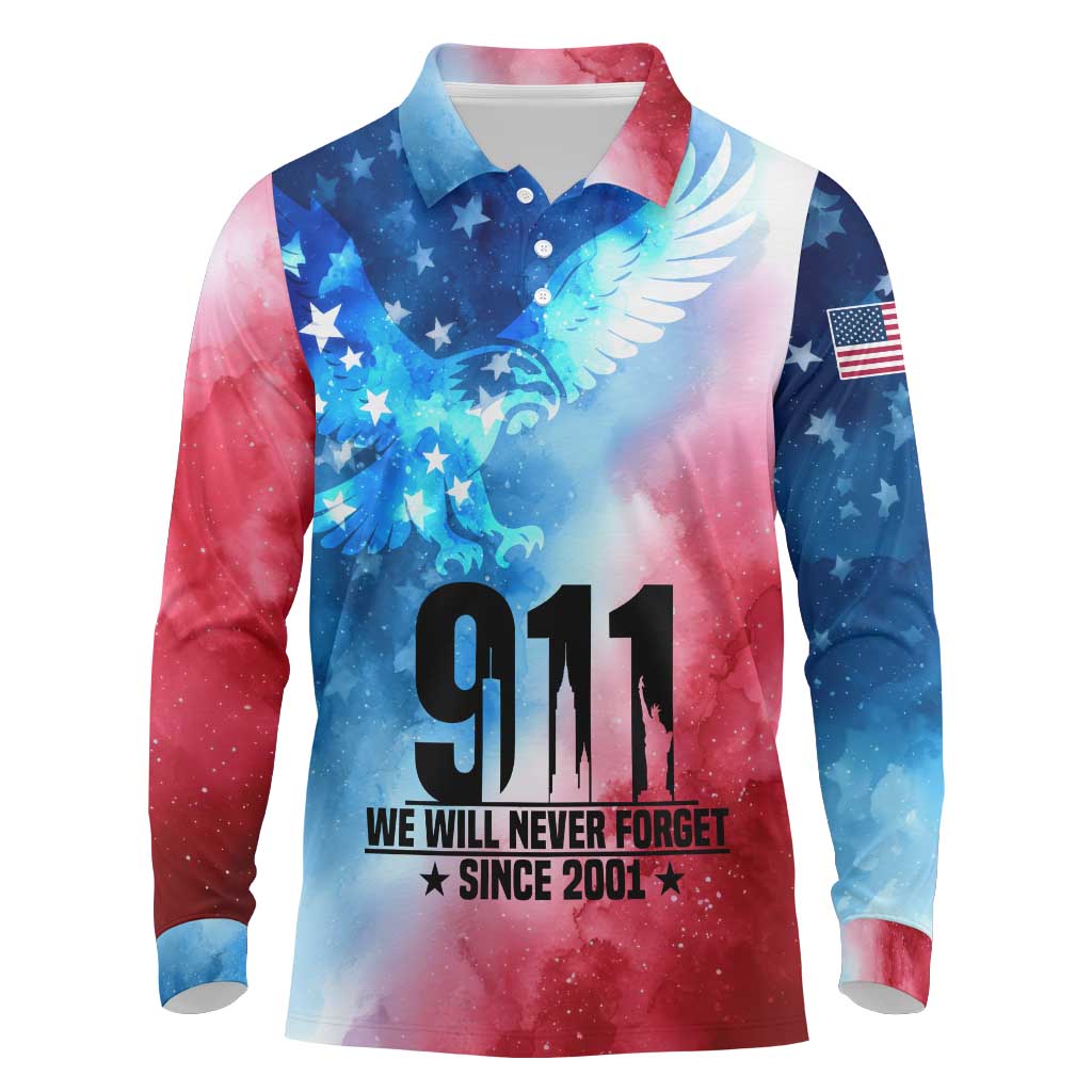Patriotic 911 Memorial Patriot Day Long Sleeve Polo Shirt American Flag and Bald Eagle - Wonder Print Shop