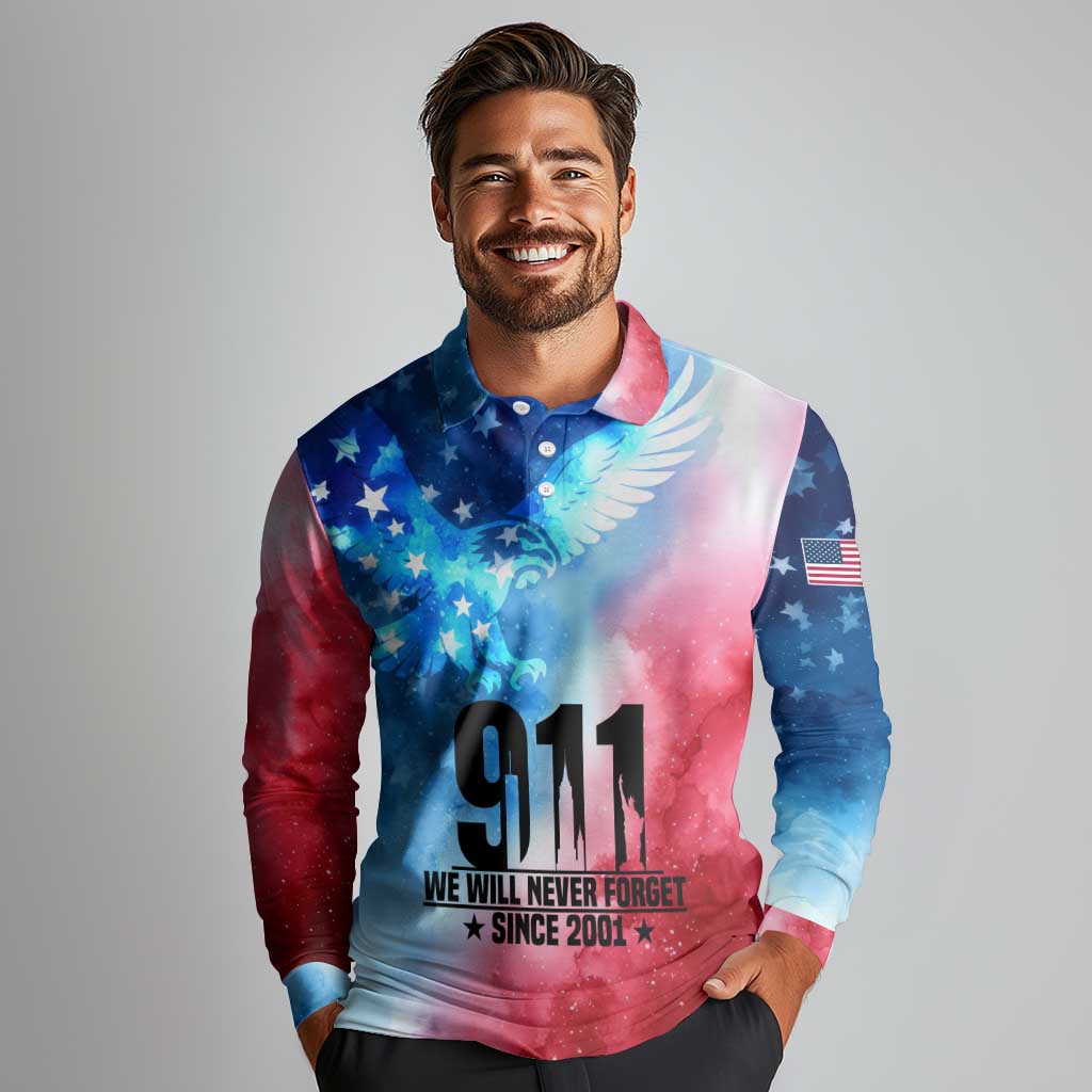 Patriotic 911 Memorial Patriot Day Long Sleeve Polo Shirt American Flag and Bald Eagle - Wonder Print Shop