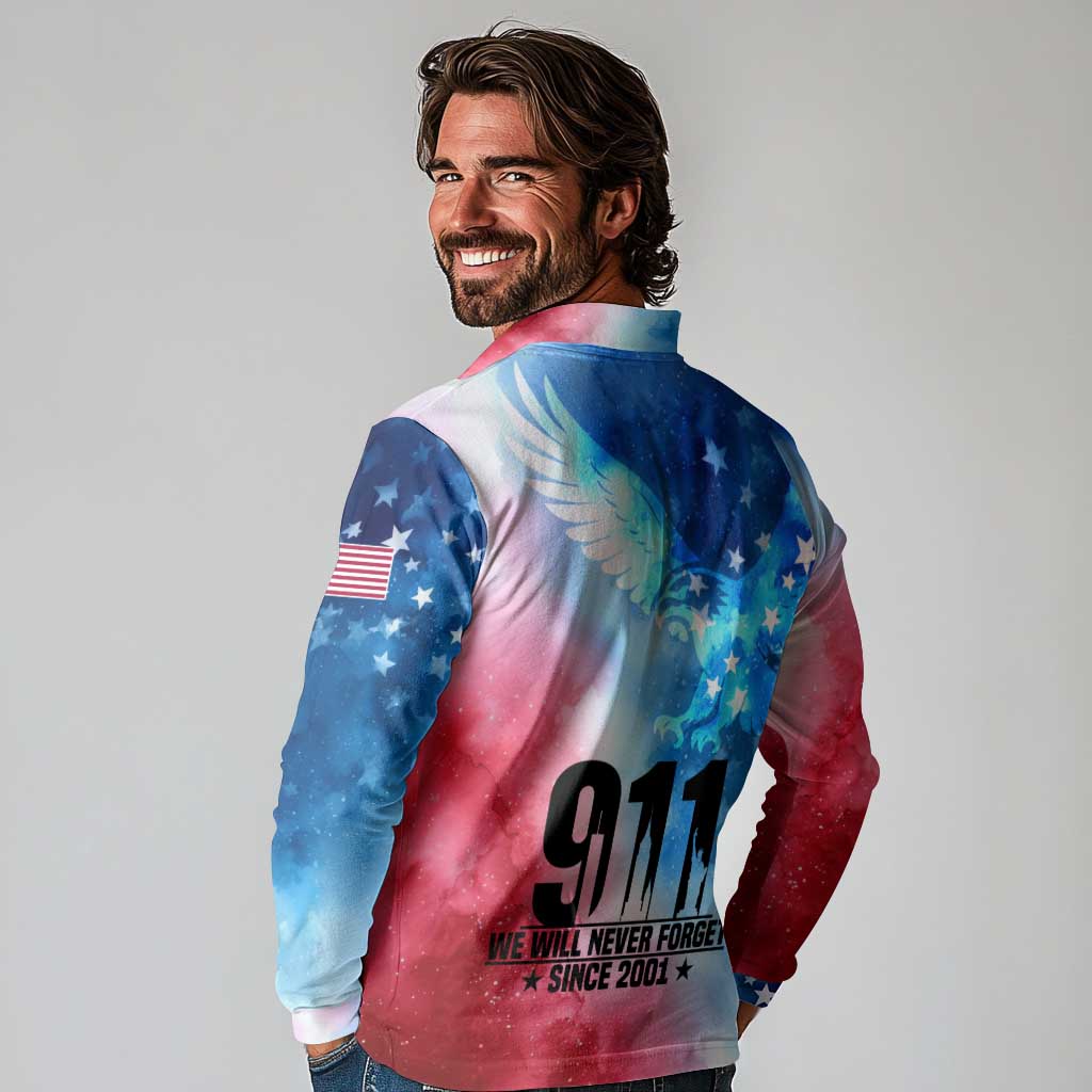 Patriotic 911 Memorial Patriot Day Long Sleeve Polo Shirt American Flag and Bald Eagle - Wonder Print Shop
