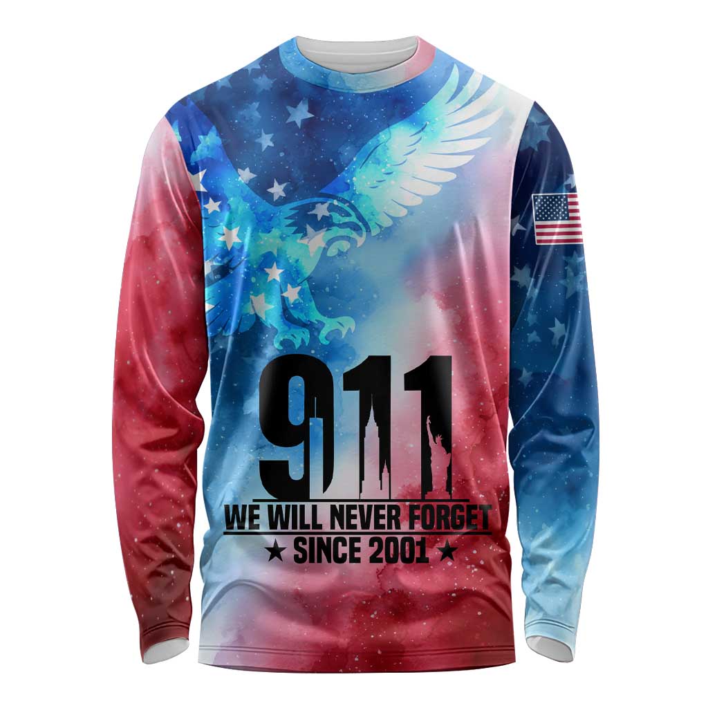 Patriotic 911 Memorial Patriot Day Long Sleeve Shirt American Flag and Bald Eagle - Wonder Print Shop