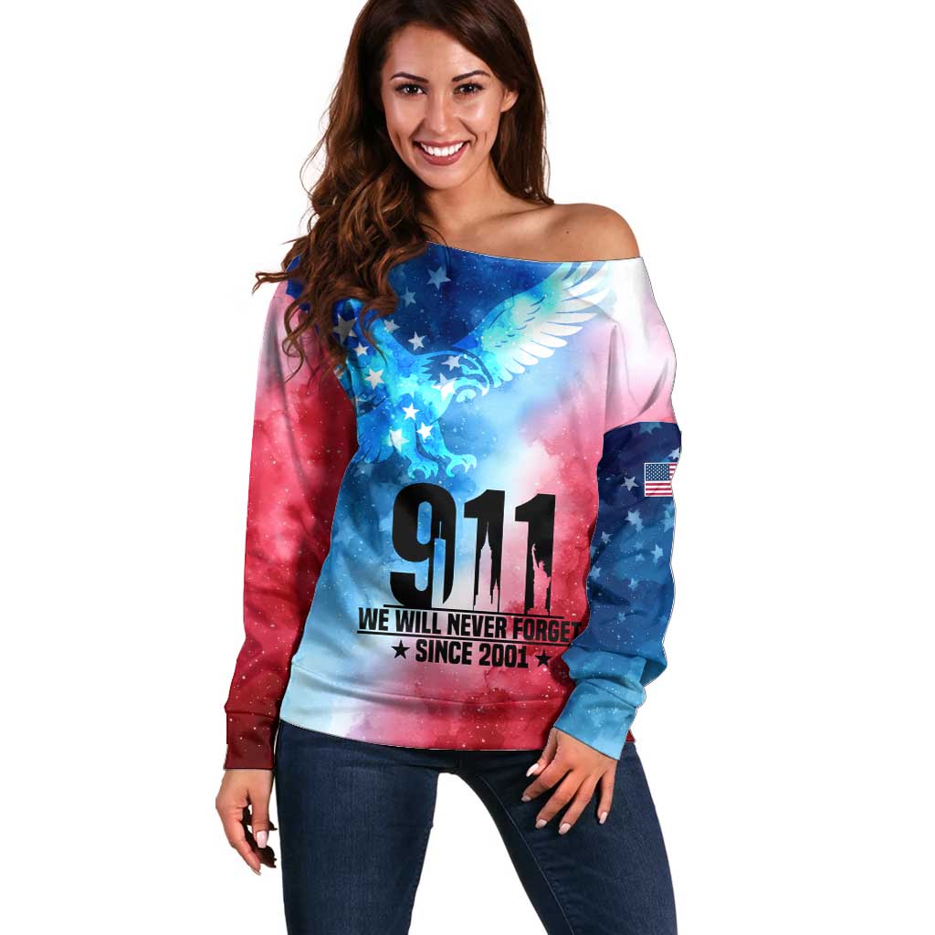 Patriotic 911 Memorial Patriot Day Off Shoulder Sweater American Flag and Bald Eagle - Wonder Print Shop