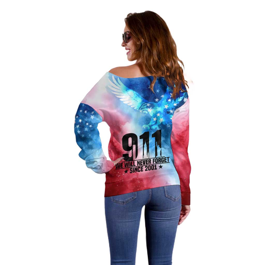 Patriotic 911 Memorial Patriot Day Off Shoulder Sweater American Flag and Bald Eagle - Wonder Print Shop