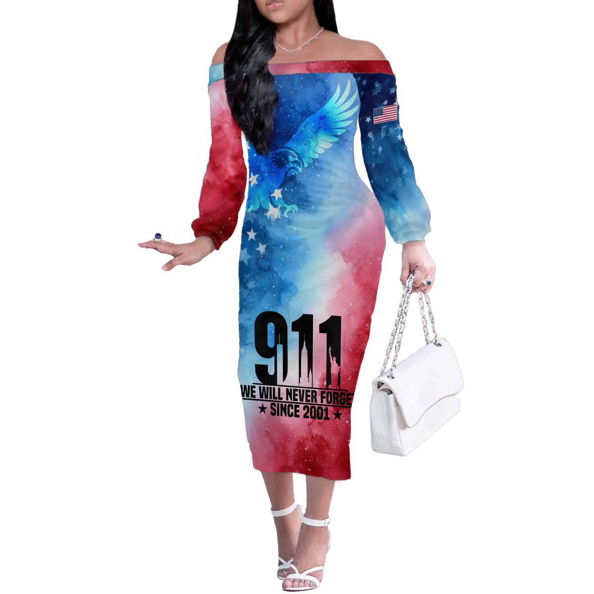 Patriotic 911 Memorial Patriot Day Off The Shoulder Long Sleeve Dress American Flag and Bald Eagle - Wonder Print Shop