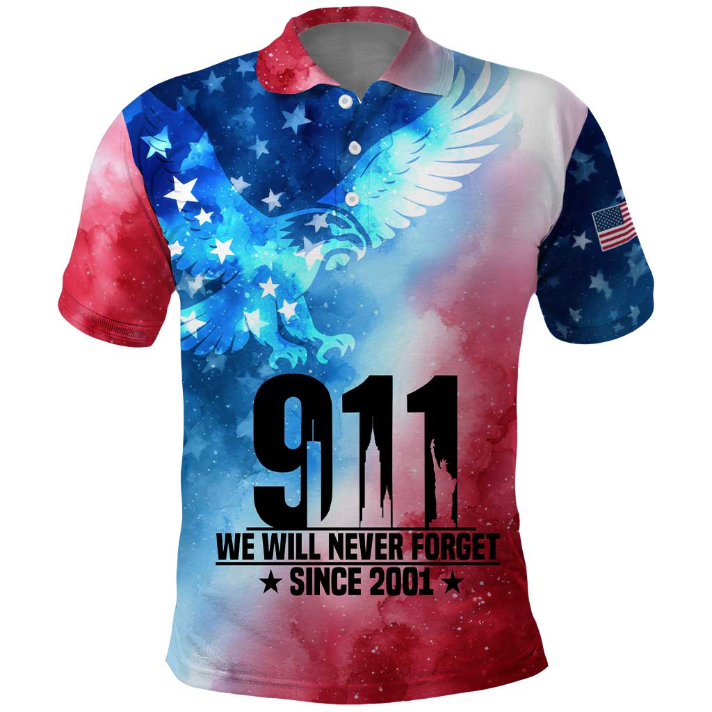 Patriotic 911 Memorial Patriot Day Polo Shirt American Flag and Bald Eagle - Wonder Print Shop