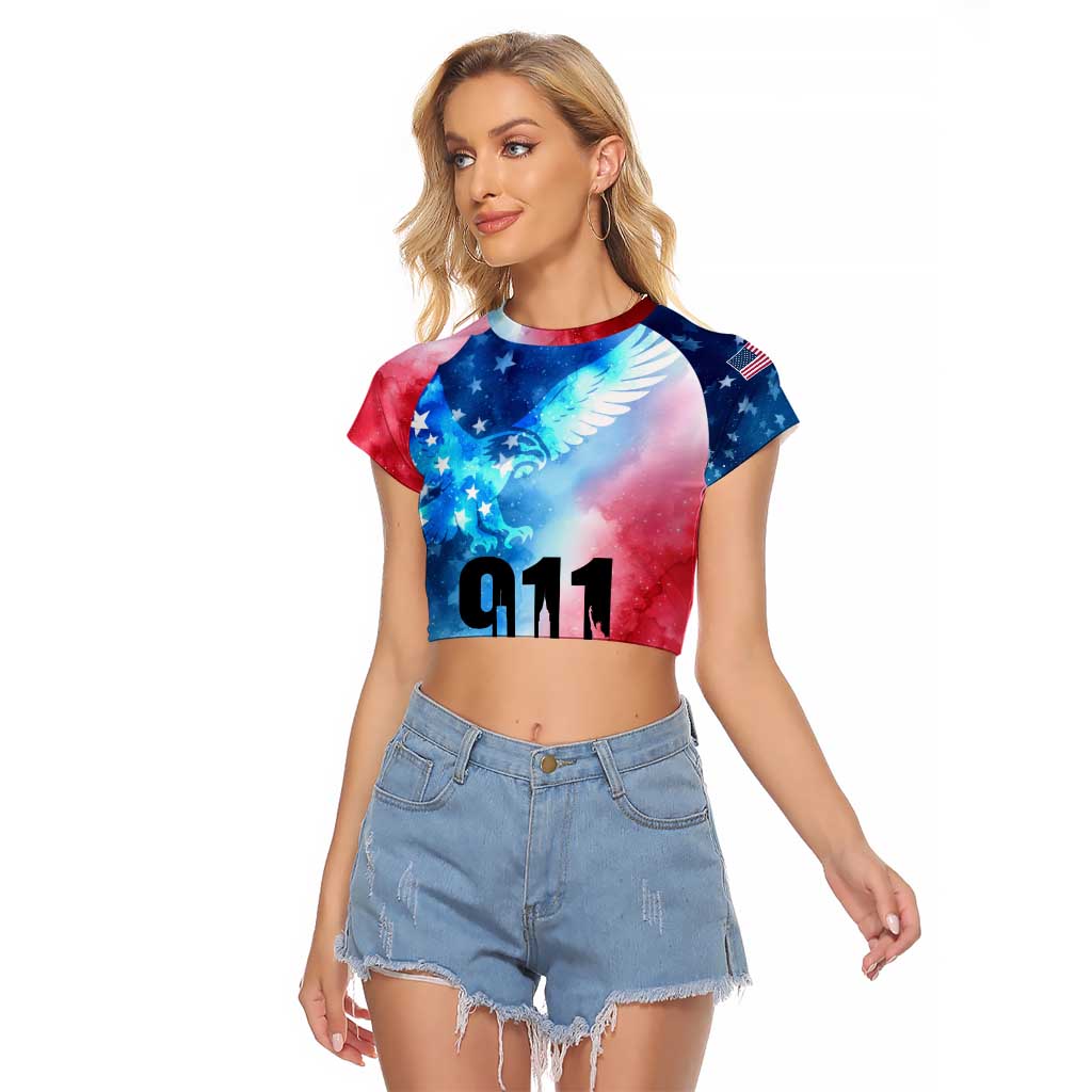 Patriotic 911 Memorial Patriot Day Raglan Cropped T Shirt American Flag and Bald Eagle - Wonder Print Shop