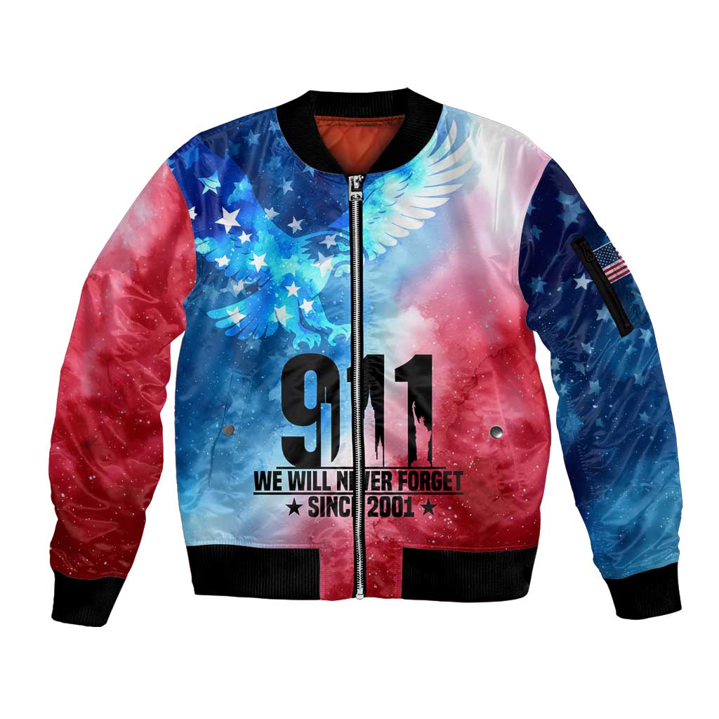 Patriotic 911 Memorial Patriot Day Sleeve Zip Bomber Jacket American Flag and Bald Eagle - Wonder Print Shop
