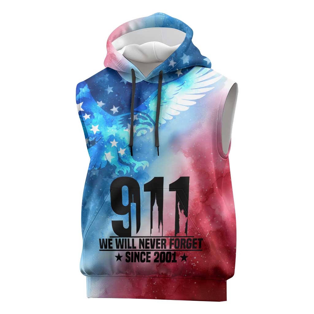 Patriotic 911 Memorial Patriot Day Sleeveless Hoodie American Flag and Bald Eagle - Wonder Print Shop