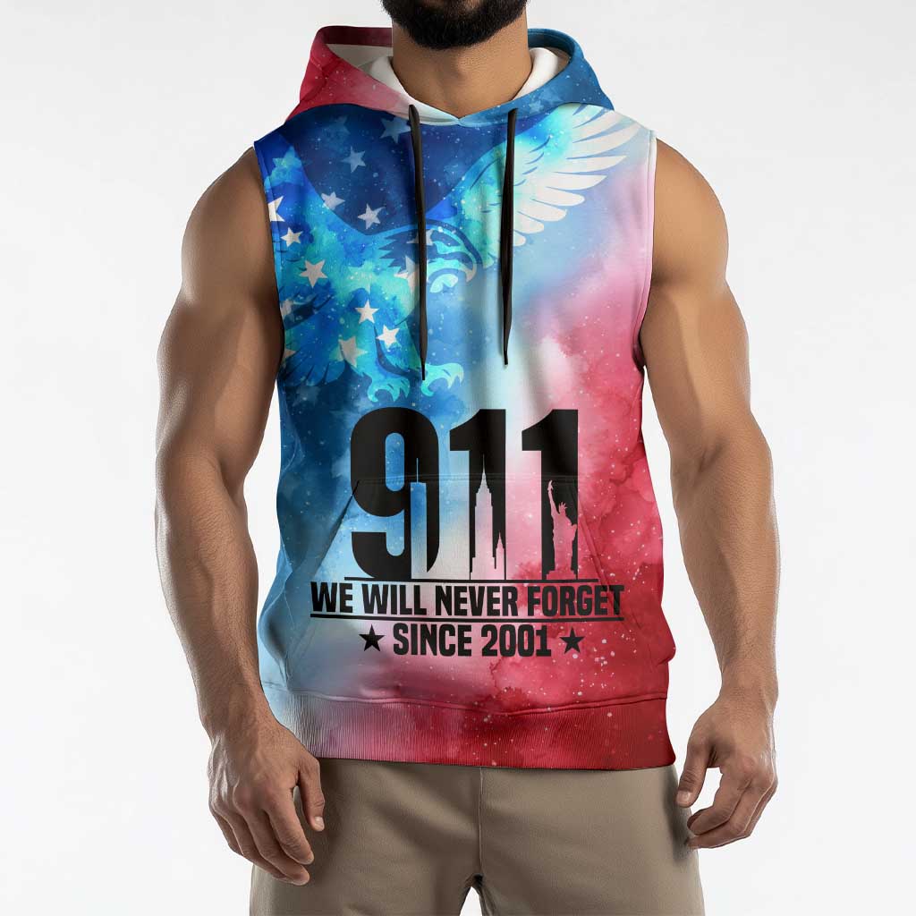 Patriotic 911 Memorial Patriot Day Sleeveless Hoodie American Flag and Bald Eagle - Wonder Print Shop