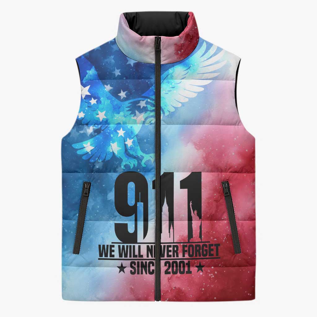 Patriotic 911 Memorial Patriot Day Sleeveless Puffer Jacket American Flag and Bald Eagle - Wonder Print Shop