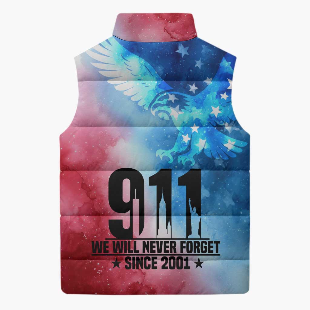 Patriotic 911 Memorial Patriot Day Sleeveless Puffer Jacket American Flag and Bald Eagle - Wonder Print Shop