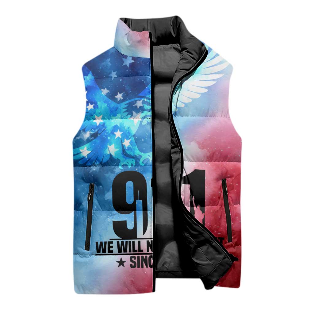 Patriotic 911 Memorial Patriot Day Sleeveless Puffer Jacket American Flag and Bald Eagle - Wonder Print Shop