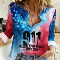 Patriotic 911 Memorial Patriot Day Women Casual Shirt American Flag and Bald Eagle - Wonder Print Shop