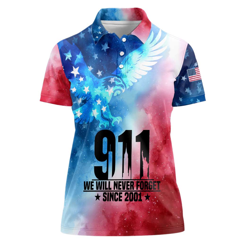 Patriotic 911 Memorial Patriot Day Women Polo Shirt American Flag and Bald Eagle - Wonder Print Shop
