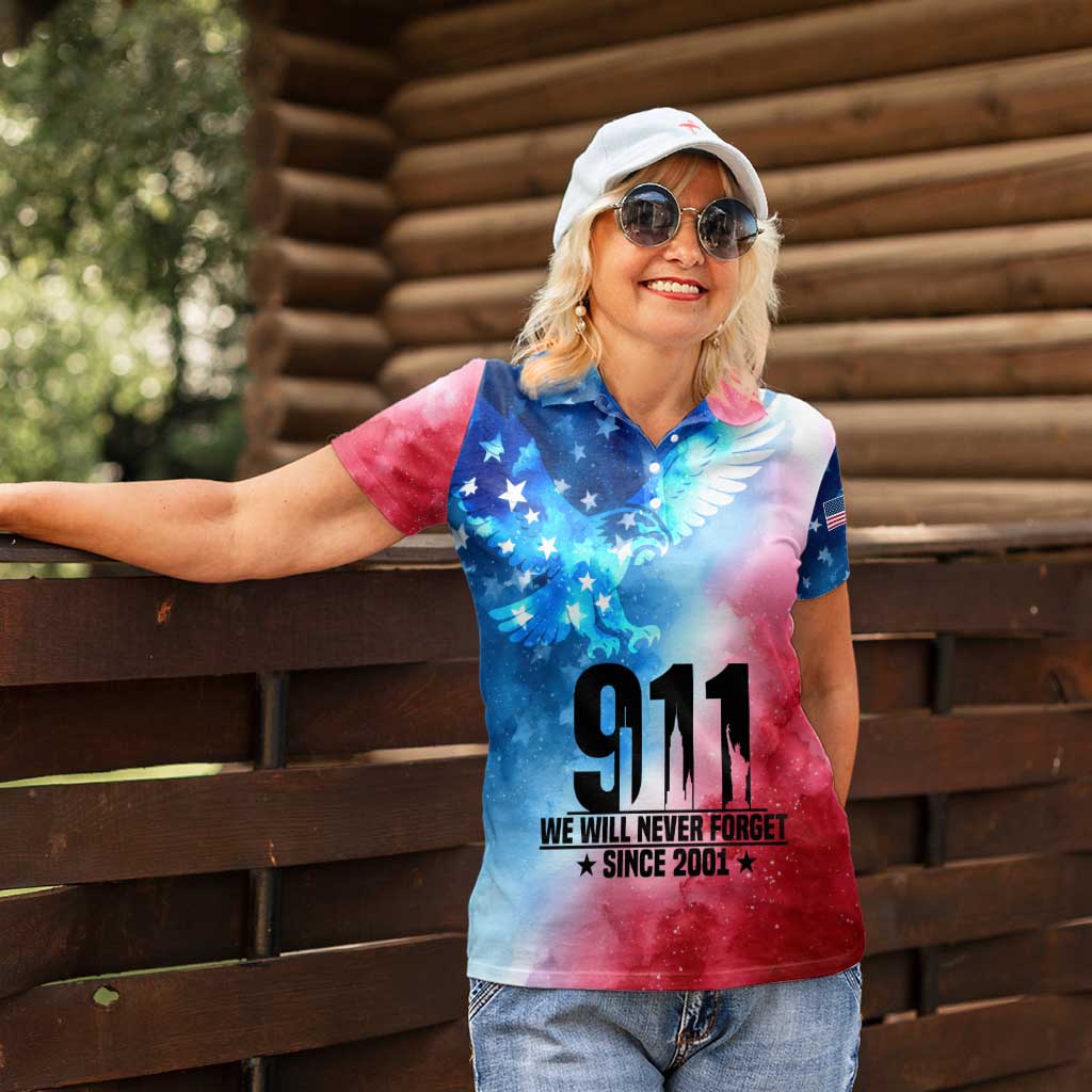 Patriotic 911 Memorial Patriot Day Women Polo Shirt American Flag and Bald Eagle - Wonder Print Shop
