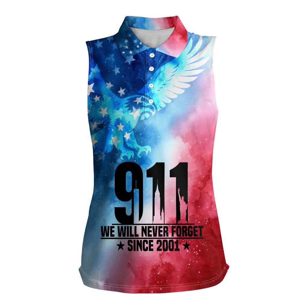 Patriotic 911 Memorial Patriot Day Women Sleeveless Polo Shirt American Flag and Bald Eagle - Wonder Print Shop