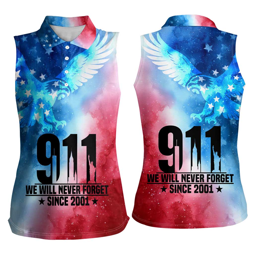 Patriotic 911 Memorial Patriot Day Women Sleeveless Polo Shirt American Flag and Bald Eagle - Wonder Print Shop