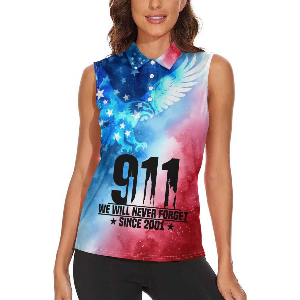 Patriotic 911 Memorial Patriot Day Women Sleeveless Polo Shirt American Flag and Bald Eagle - Wonder Print Shop