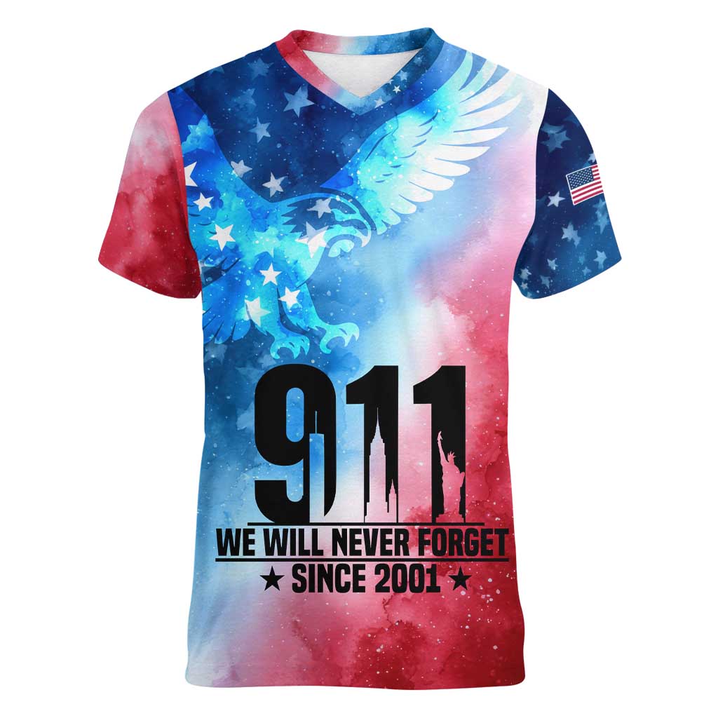 Patriotic 911 Memorial Patriot Day Women V-Neck T-Shirt American Flag and Bald Eagle - Wonder Print Shop
