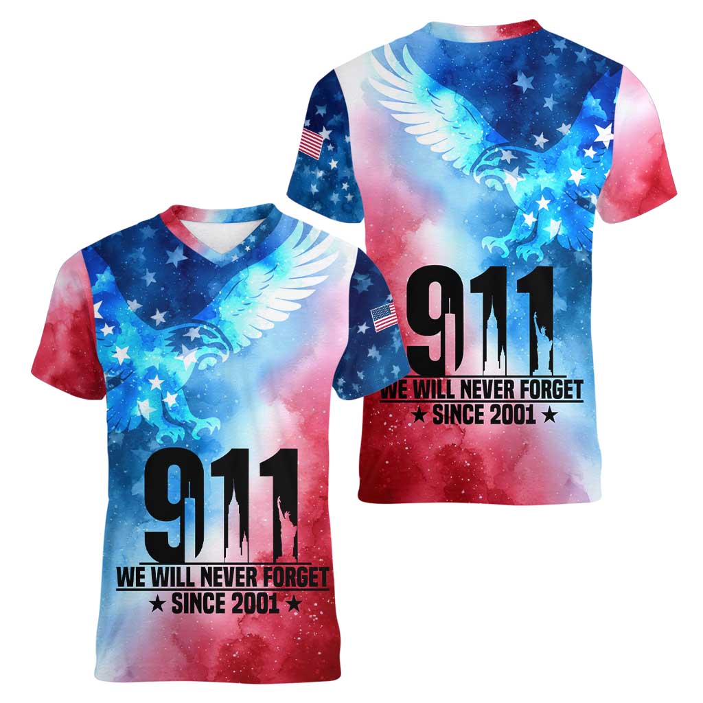 Patriotic 911 Memorial Patriot Day Women V-Neck T-Shirt American Flag and Bald Eagle - Wonder Print Shop