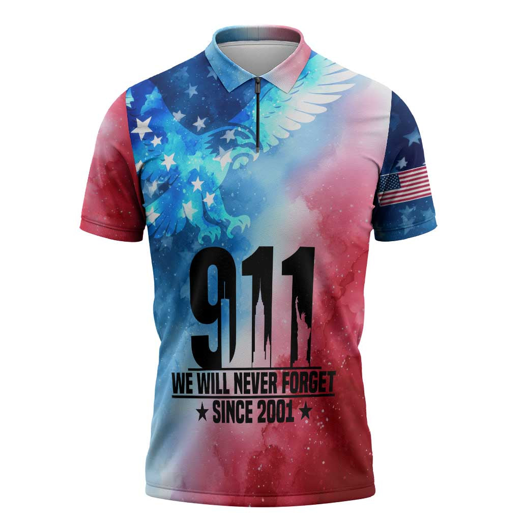 Patriotic 911 Memorial Patriot Day Zipper Polo Shirt American Flag and Bald Eagle - Wonder Print Shop
