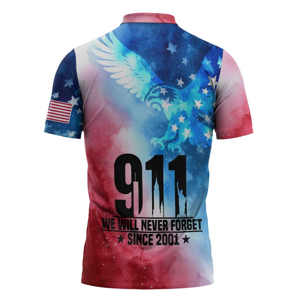 Patriotic 911 Memorial Patriot Day Zipper Polo Shirt American Flag and Bald Eagle - Wonder Print Shop