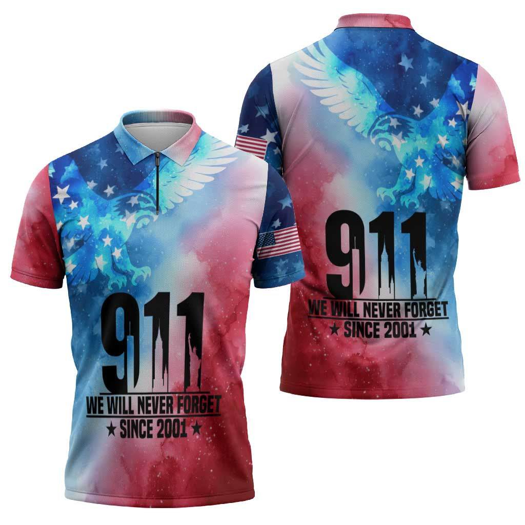 Patriotic 911 Memorial Patriot Day Zipper Polo Shirt American Flag and Bald Eagle - Wonder Print Shop
