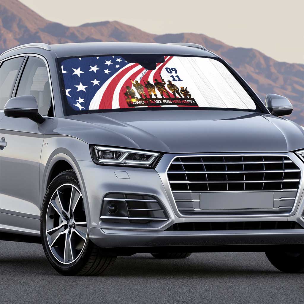 911 Memorial Auto Sun Shade Patriot Day American Flag and Soldier Silhouette Honor and Remember - Wonder Print Shop