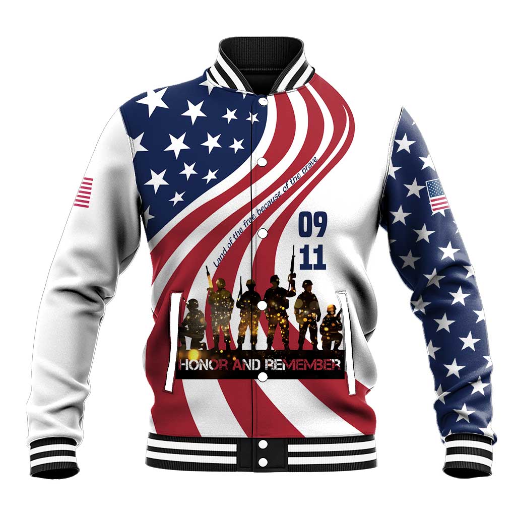 911 Memorial Baseball Jacket Patriot Day American Flag and Soldier Silhouette Honor and Remember - Wonder Print Shop