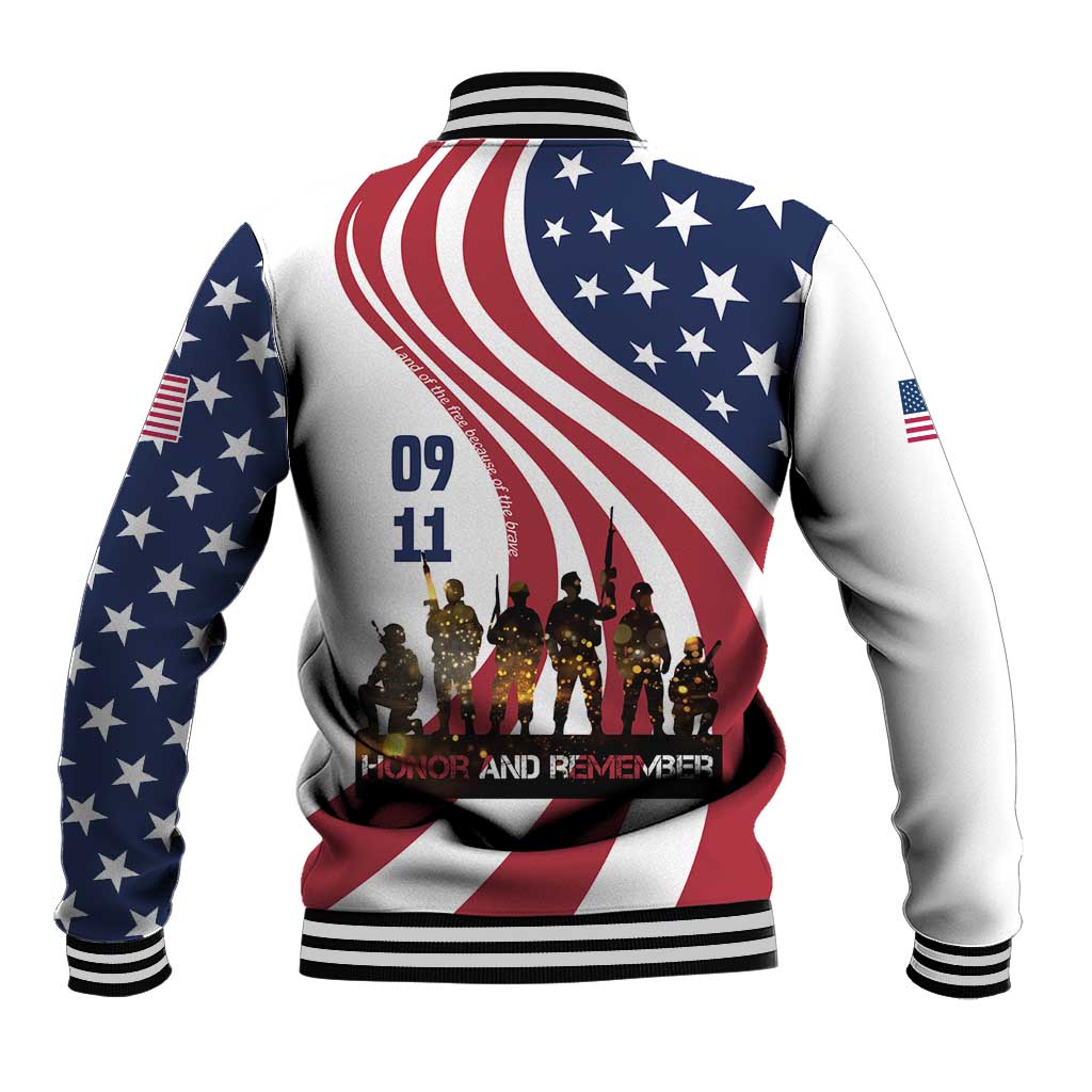 911 Memorial Baseball Jacket Patriot Day American Flag and Soldier Silhouette Honor and Remember - Wonder Print Shop