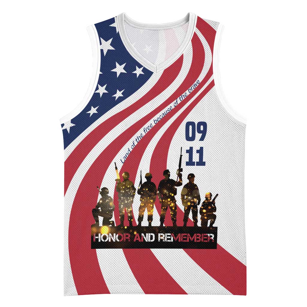 911 Memorial Basketball Jersey Patriot Day American Flag and Soldier Silhouette Honor and Remember - Wonder Print Shop