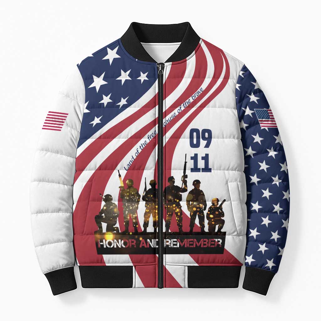 911 Memorial Bomber Puffer Jacket Patriot Day American Flag and Soldier Silhouette Honor and Remember - Wonder Print Shop