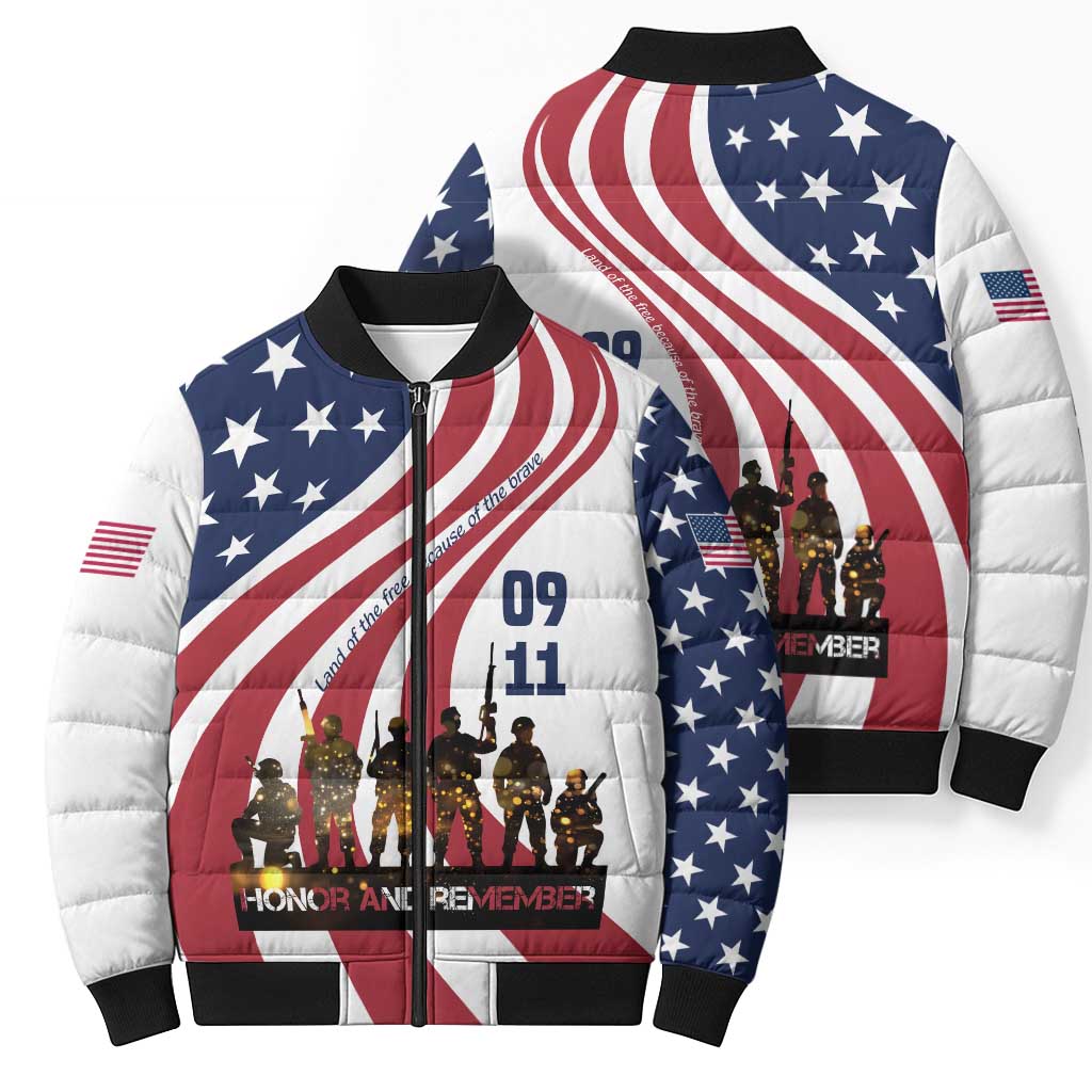 911 Memorial Bomber Puffer Jacket Patriot Day American Flag and Soldier Silhouette Honor and Remember - Wonder Print Shop