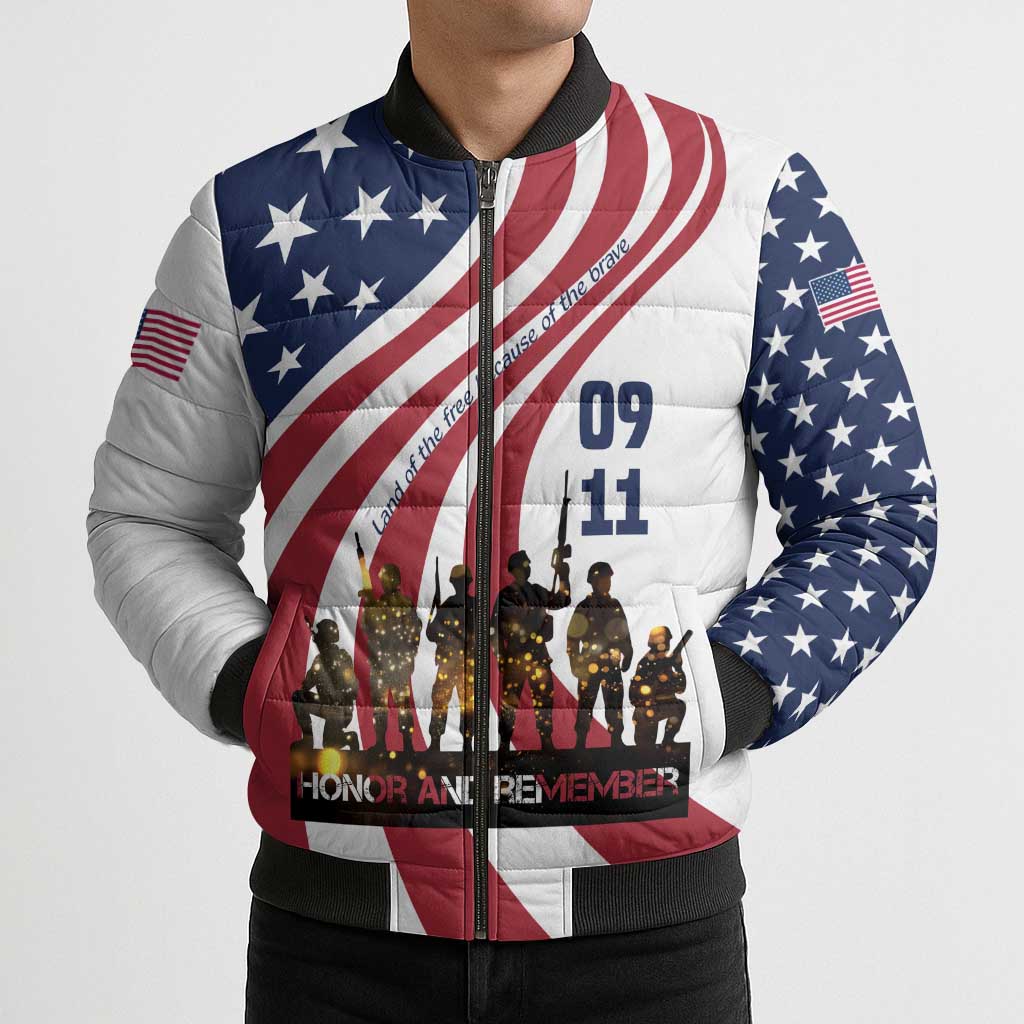 911 Memorial Bomber Puffer Jacket Patriot Day American Flag and Soldier Silhouette Honor and Remember - Wonder Print Shop