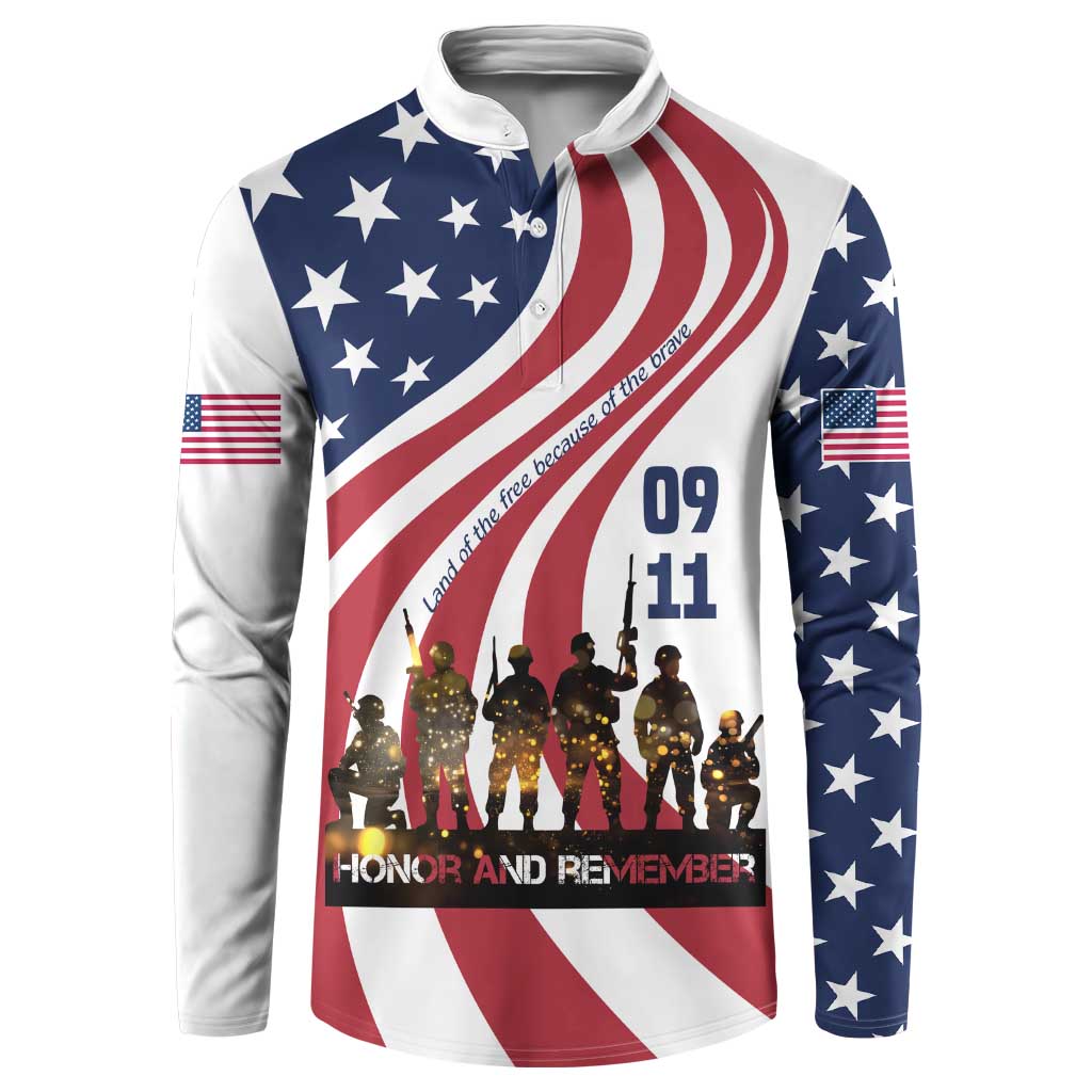911 Memorial Button Sweatshirt Patriot Day American Flag and Soldier Silhouette Honor and Remember - Wonder Print Shop