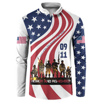 911 Memorial Button Sweatshirt Patriot Day American Flag and Soldier Silhouette Honor and Remember - Wonder Print Shop