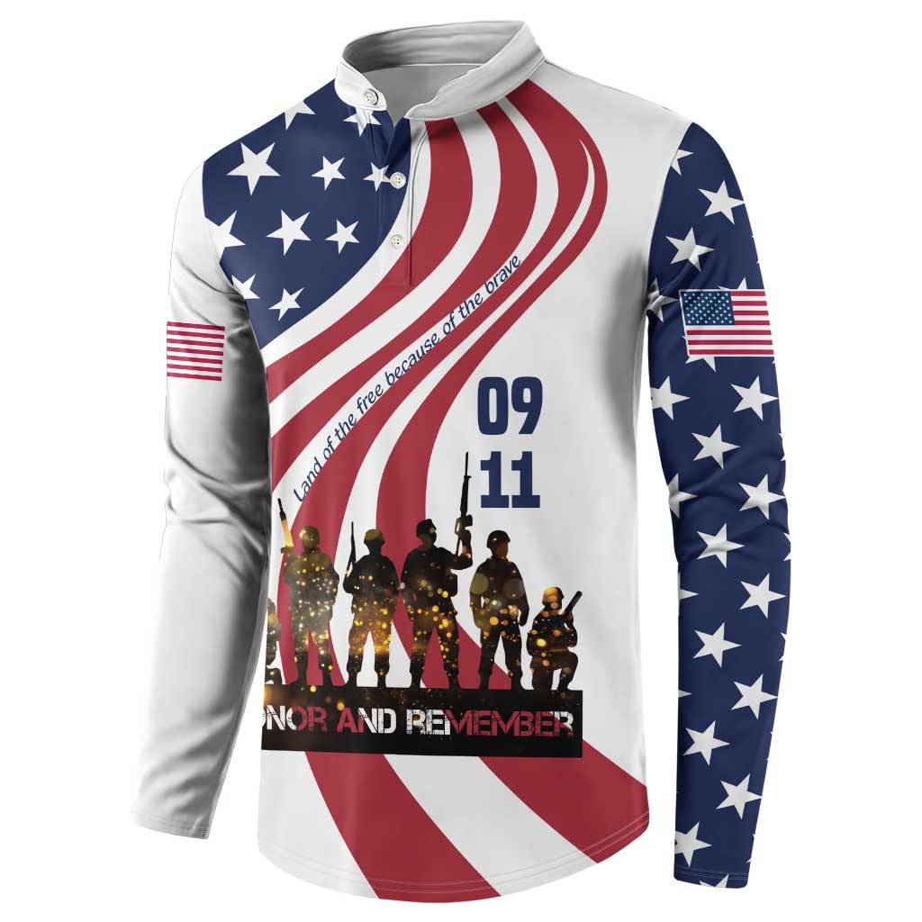 911 Memorial Button Sweatshirt Patriot Day American Flag and Soldier Silhouette Honor and Remember - Wonder Print Shop
