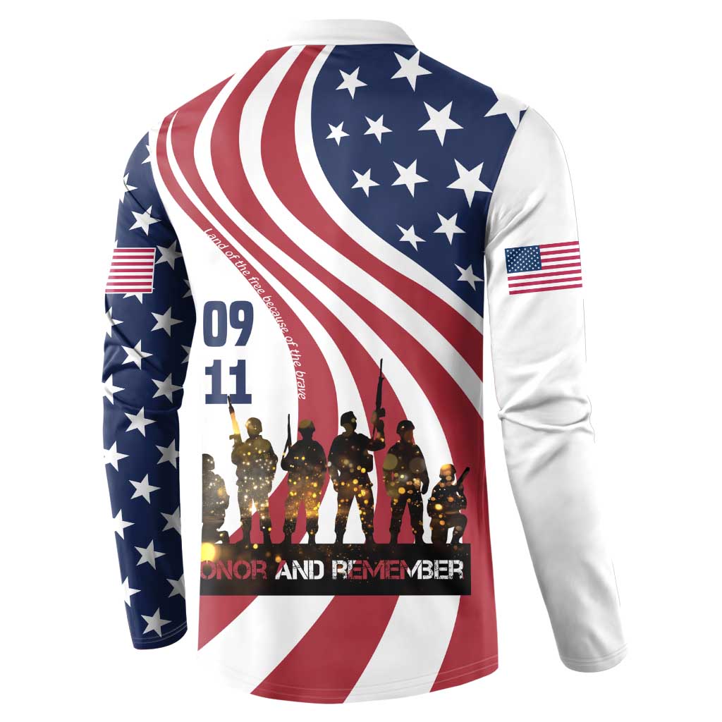 911 Memorial Button Sweatshirt Patriot Day American Flag and Soldier Silhouette Honor and Remember - Wonder Print Shop