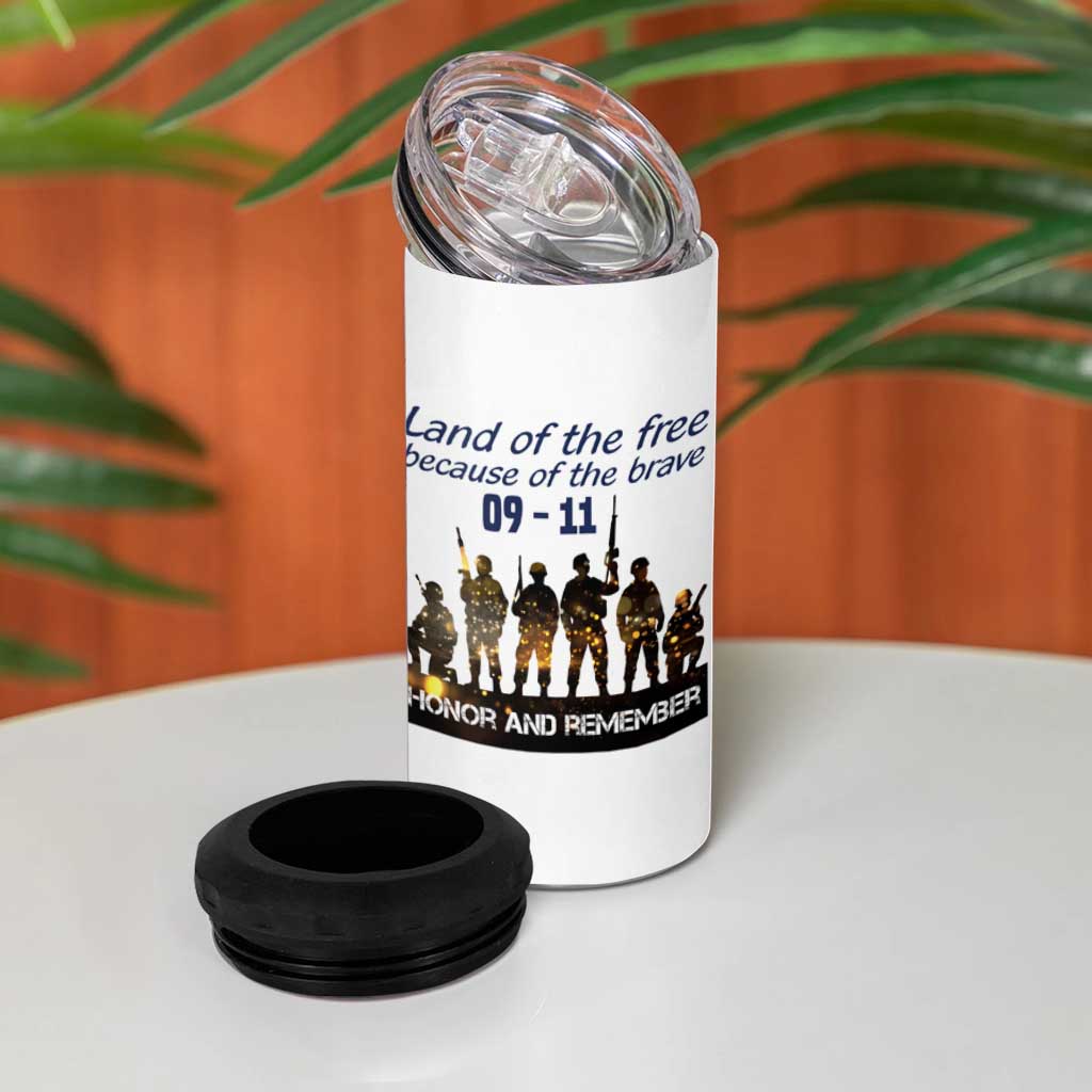 911 Memorial 4 in 1 Can Cooler Tumbler Patriot Day American Flag and Soldier Silhouette Honor and Remember - Wonder Print Shop