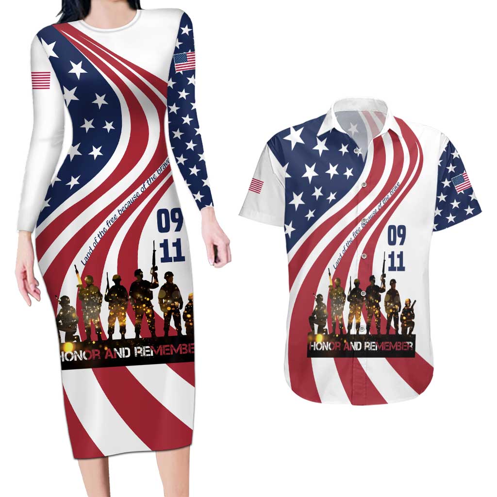 911 Memorial Couples Matching Long Sleeve Bodycon Dress and Hawaiian Shirt Patriot Day American Flag and Soldier Silhouette Honor and Remember - Wonder Print Shop