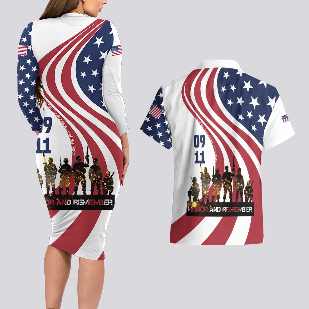 911 Memorial Couples Matching Long Sleeve Bodycon Dress and Hawaiian Shirt Patriot Day American Flag and Soldier Silhouette Honor and Remember - Wonder Print Shop
