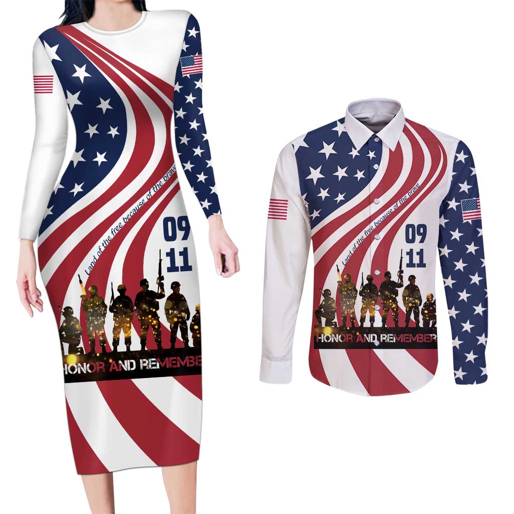 911 Memorial Couples Matching Long Sleeve Bodycon Dress and Long Sleeve Button Shirt Patriot Day American Flag and Soldier Silhouette Honor and Remember - Wonder Print Shop
