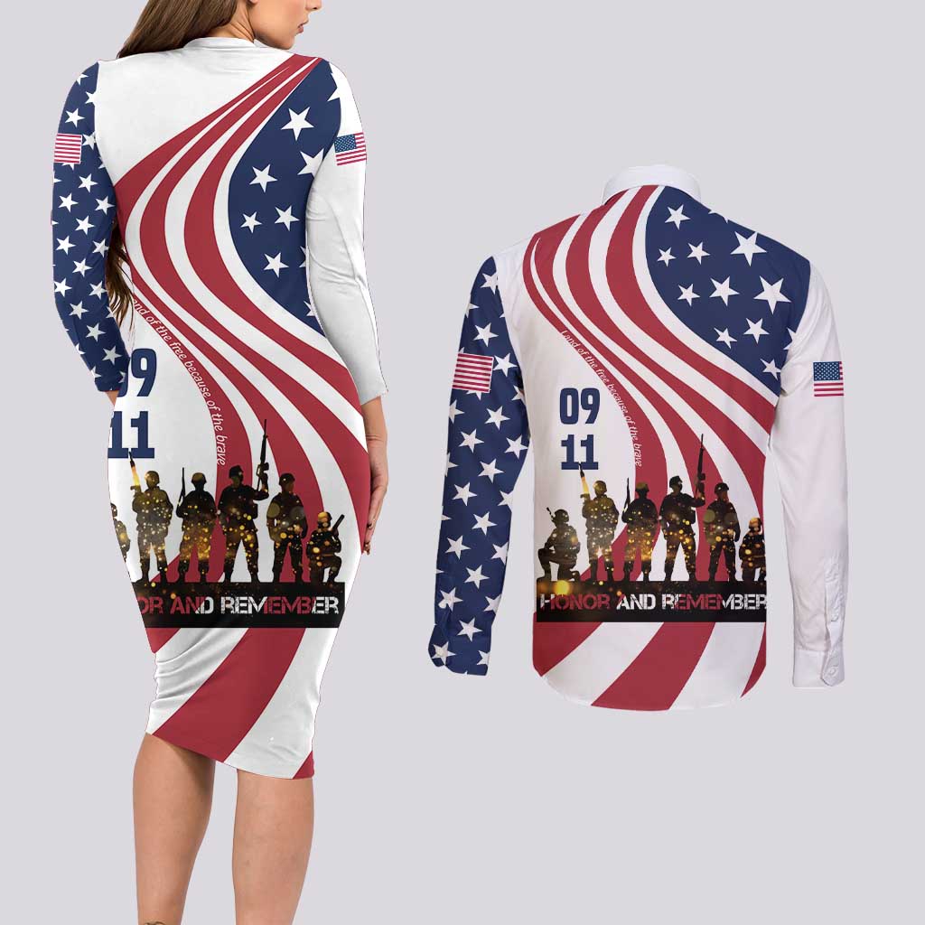 911 Memorial Couples Matching Long Sleeve Bodycon Dress and Long Sleeve Button Shirt Patriot Day American Flag and Soldier Silhouette Honor and Remember - Wonder Print Shop