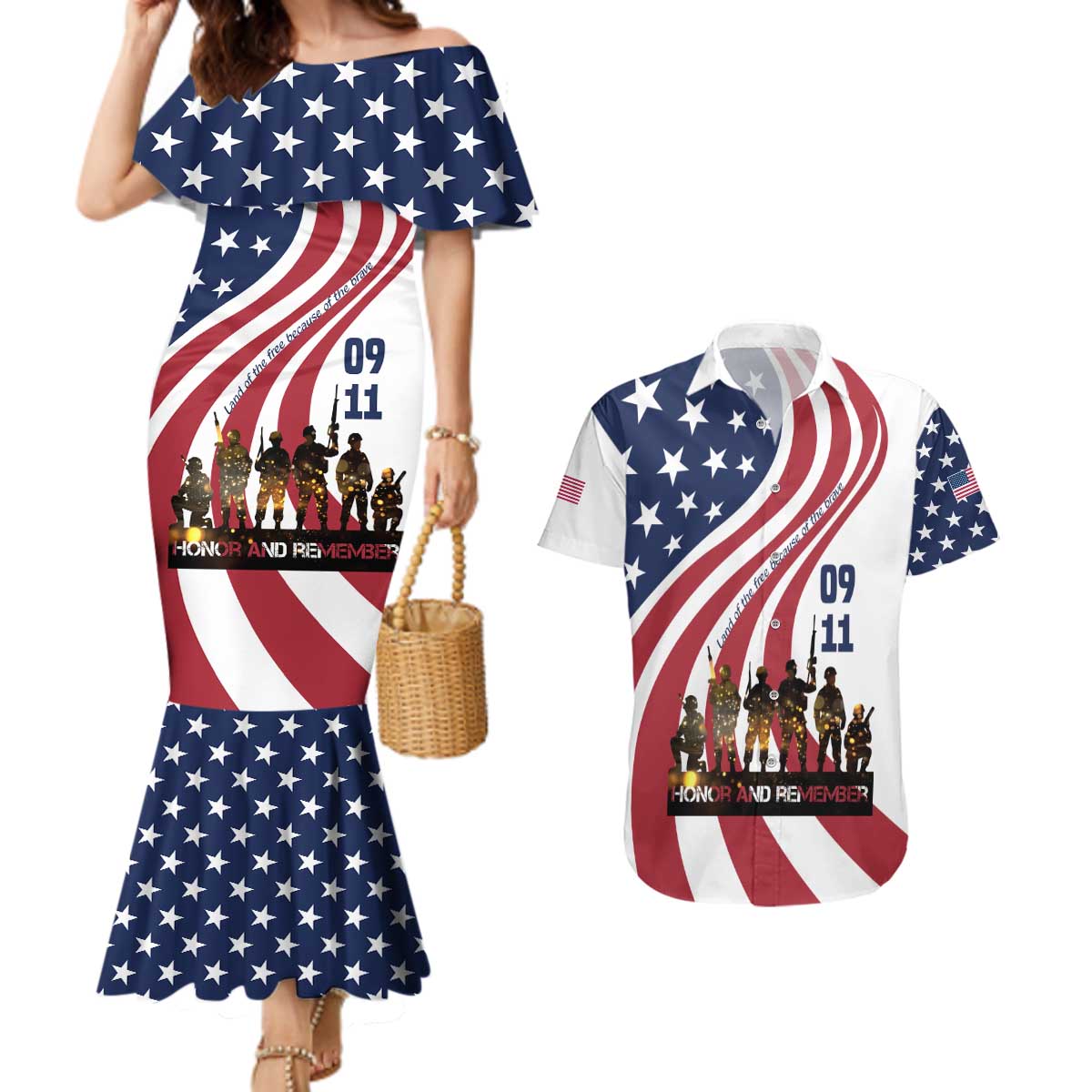 911 Memorial Couples Matching Mermaid Dress and Hawaiian Shirt Patriot Day American Flag and Soldier Silhouette Honor and Remember - Wonder Print Shop