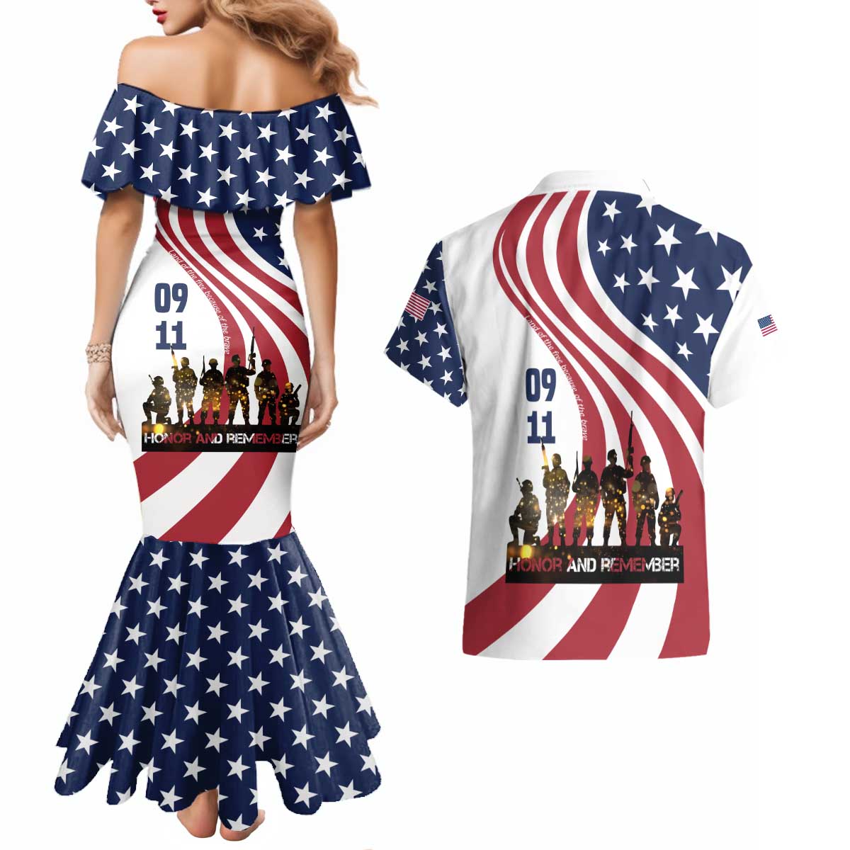 911 Memorial Couples Matching Mermaid Dress and Hawaiian Shirt Patriot Day American Flag and Soldier Silhouette Honor and Remember - Wonder Print Shop