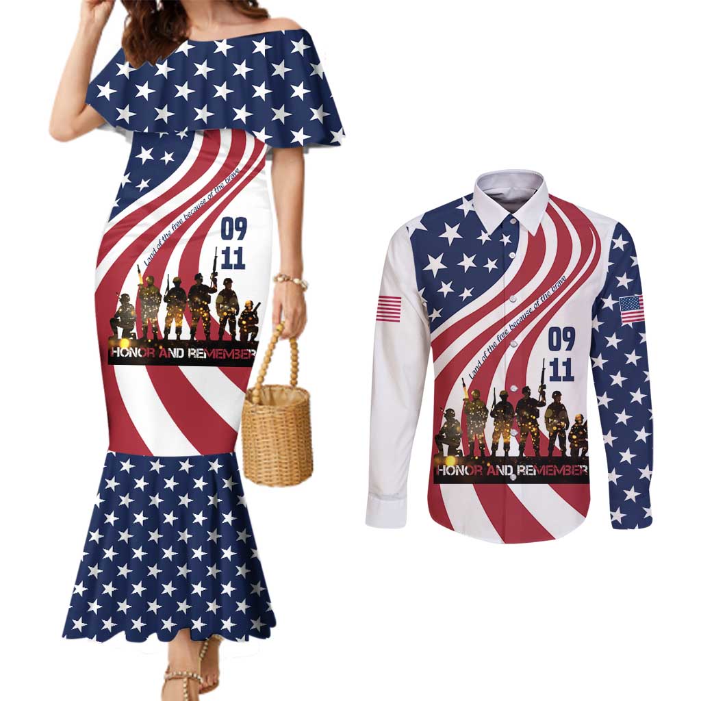 911 Memorial Couples Matching Mermaid Dress and Long Sleeve Button Shirt Patriot Day American Flag and Soldier Silhouette Honor and Remember - Wonder Print Shop