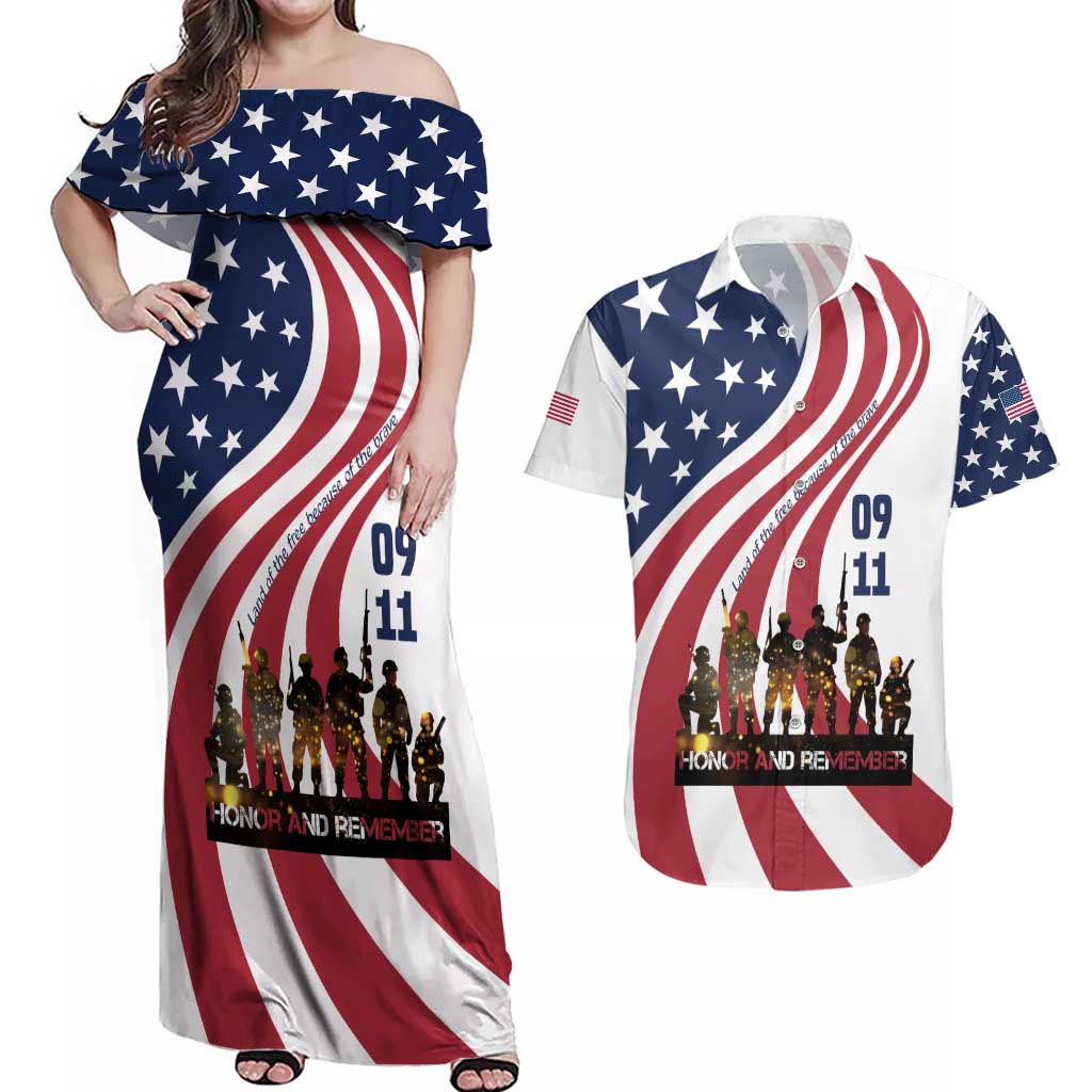 911 Memorial Couples Matching Off Shoulder Maxi Dress and Hawaiian Shirt Patriot Day American Flag and Soldier Silhouette Honor and Remember - Wonder Print Shop