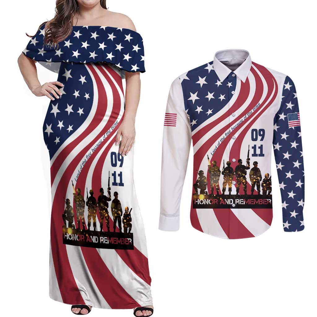 911 Memorial Couples Matching Off Shoulder Maxi Dress and Long Sleeve Button Shirt Patriot Day American Flag and Soldier Silhouette Honor and Remember - Wonder Print Shop