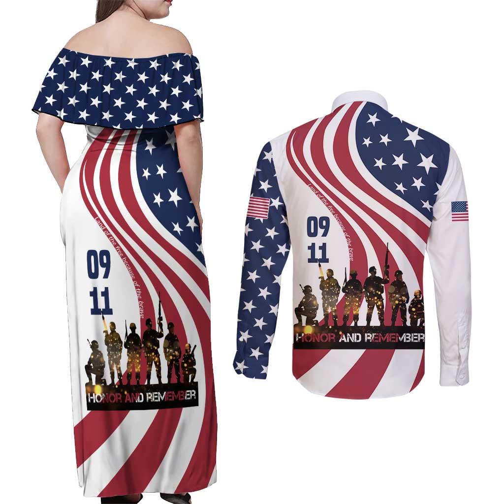 911 Memorial Couples Matching Off Shoulder Maxi Dress and Long Sleeve Button Shirt Patriot Day American Flag and Soldier Silhouette Honor and Remember - Wonder Print Shop