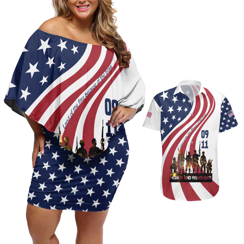 911 Memorial Couples Matching Off Shoulder Short Dress and Hawaiian Shirt Patriot Day American Flag and Soldier Silhouette Honor and Remember - Wonder Print Shop