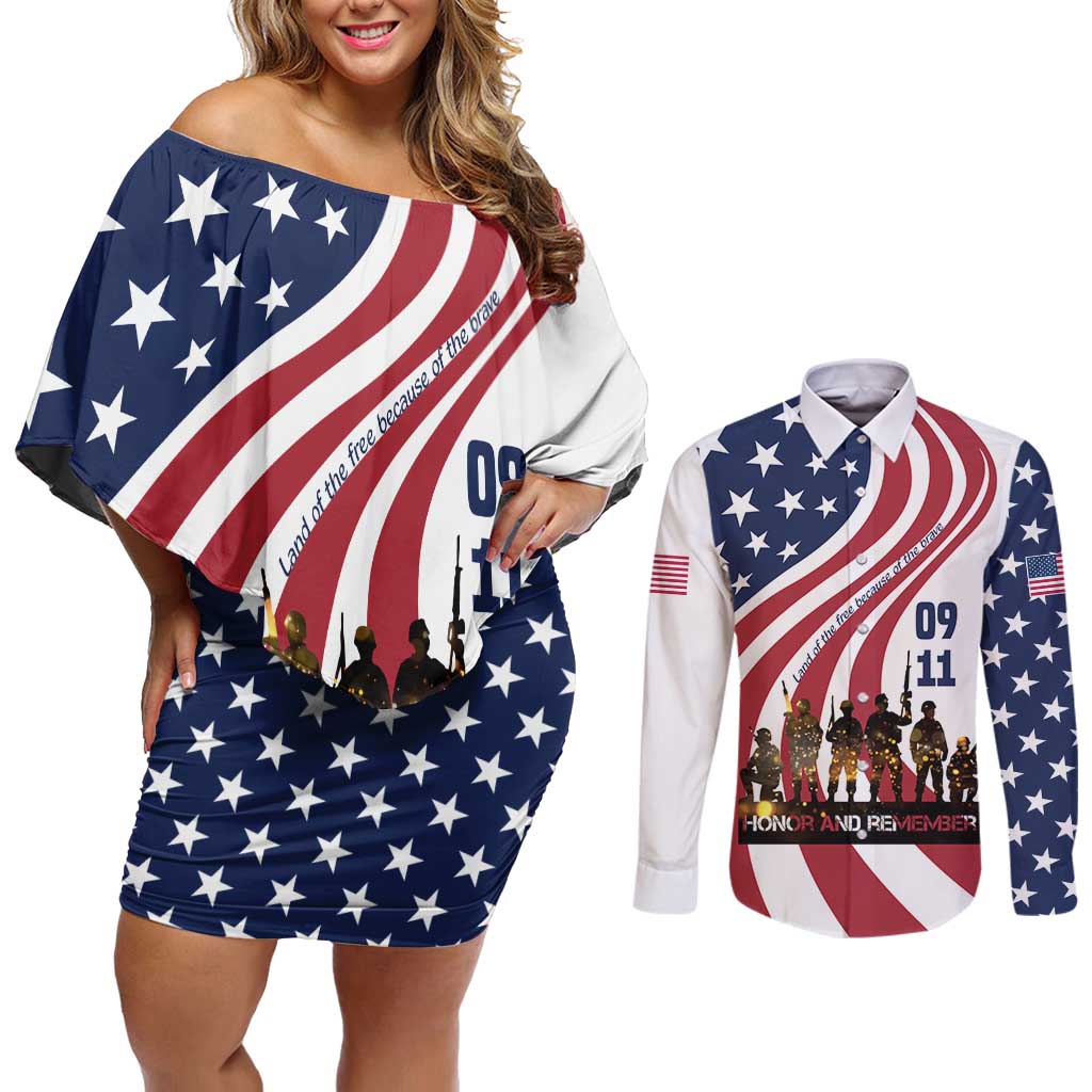 911 Memorial Couples Matching Off Shoulder Short Dress and Long Sleeve Button Shirt Patriot Day American Flag and Soldier Silhouette Honor and Remember - Wonder Print Shop